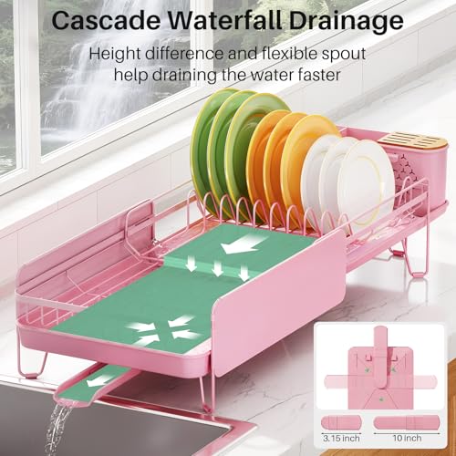 SNTD Large Dish Drying Rack for Kitchen Counter, Expandable, Pink - color: Pink