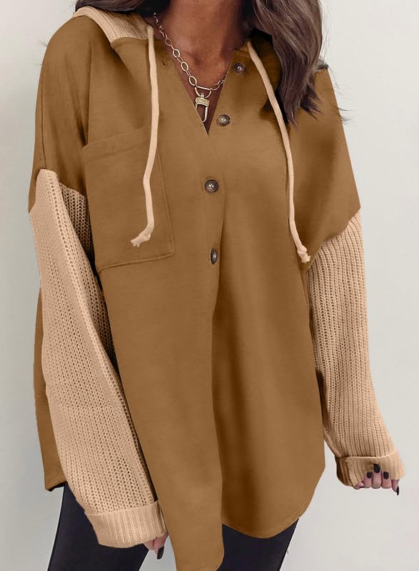 SHEWIN Women Oversized Hooded Sweatshirt Loose Fit Casual Button Hoodies - color: Khaki, size: Medium