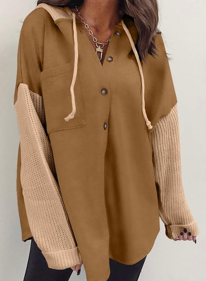 SHEWIN Women Oversized Hooded Sweatshirt Loose Fit Casual Button Hoodies - color: Khaki, size: Medium