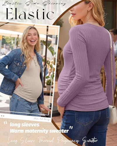 Oakgarden 3 Pack Womens Maternity Sweaters Henley Pregnancy Tops - color: Black, Apricot, Pinkish Purple, size: Medium