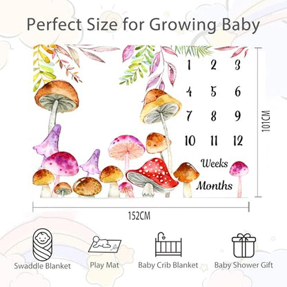 Mushroom Baby Monthly Milestone Blanket Watercolor Tropical, 60x40in - color: Green, size: 60x40in