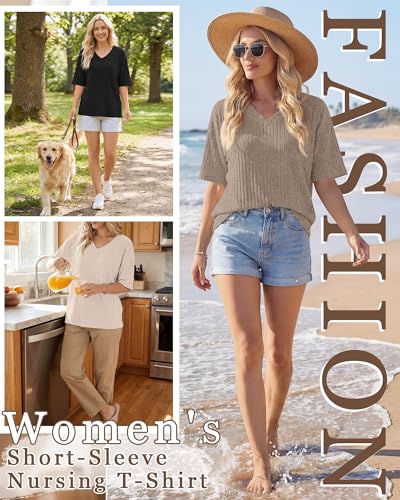 Ficerd 4 Pack Women's Oversize Nursing Shirts - color: Khaki, Cream, Light Gray, Black, size: Small