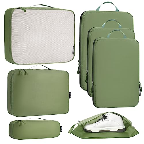 Bagail Ultralight Compression Cubes 7 Set - 3 Packing Cubes, 3 Organizers, and 1 Shoe Bag - color: The Matcha, style: Cloth Pattern