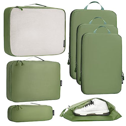 Bagail Ultralight Compression Cubes 7 Set - 3 Packing Cubes, 3 Organizers, and 1 Shoe Bag - color: The Matcha, style: Cloth Pattern