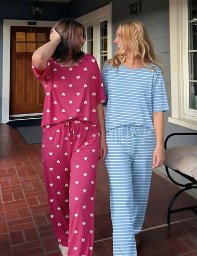 Ekouaer 2 Pack Womens Pajamas Sets Short Sleeve Long Pants Pjs Lounge Set - color: Rose Heart/Light Blue Striped, size: Medium