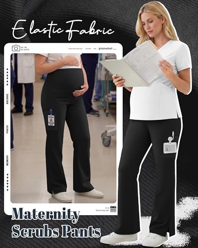 2 Pack Women's Maternity Wide Leg Cargo Scrub Pants - color: Black, size: Medium