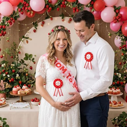Strawberry Baby Shower Sash Set, Mom and Dad to Be Pins, 3 Pack