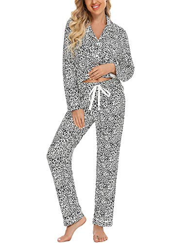 Anjue Pajamas For Women Set Long Sleeve Button Up Sleepwear Soft Pjs - color: Black Leopard, size: X-Large
