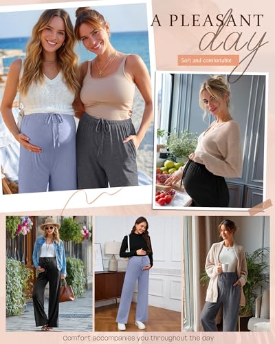 3 Pack Maternity Wide Leg Pants Pregnancy Pants - color: Sky Blue, Dark Gray, Black, size: Large