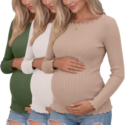 3 Pack Women's Maternity Long Sleeve Cotton Shirts - color: Army Green, Cream, Khaki, size: Small