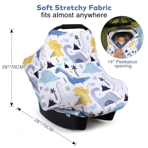 Rquite 4-in-1 Baby Car Seat Canopy, Stretchy Nursing Breastfeeding Cover - color: Blue Dinosaur