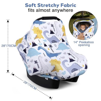 Rquite 4-in-1 Baby Car Seat Canopy, Stretchy Nursing Breastfeeding Cover - color: Blue Dinosaur