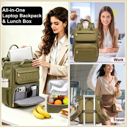 Lunch Backpack For Women, 15.6 Inch Laptop Backpack with Lunchbox - color: Armygreen