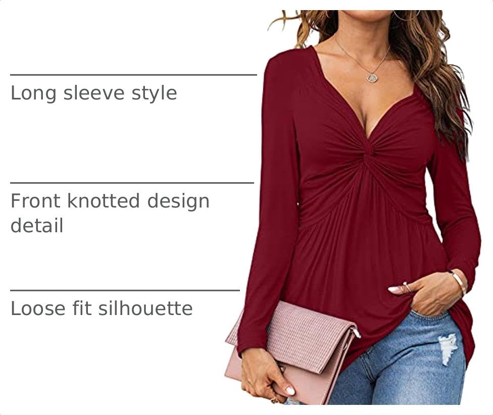 Tankaneo Women V-Neck Front Knotted Tshirt Long Sleeve Oversized Tunic Top - color: B20-wine Red, size: XX-Large