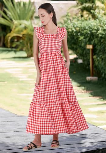 chouyatou Women's Retro Plaid Smocked Dress Spaghetti Strap Flounce Long Dress - color: Red, size: Medium
