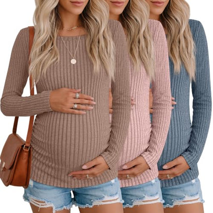 3 Pack Maternity Sweaters Long Sleeve Pregnancy Tops - color: Light Brown, Pink, Blue, size: Large