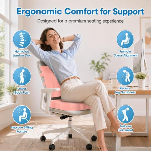 CloudBliss Ergonomic Seat Cushion & Lumbar Support Pillow Set, Pink, XL - color: Pink, size: X-Large