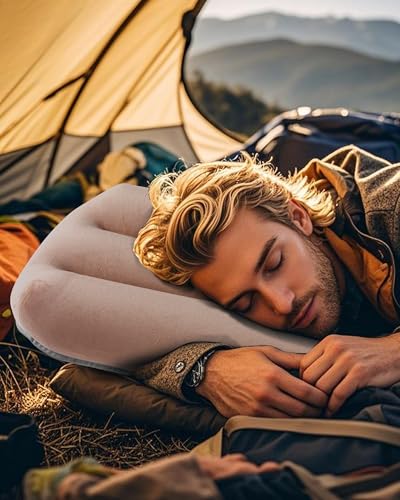 Inflatable Camping Pillow – Ultralight Compact Travel Pillow, Picnic-Brown - color: Brown