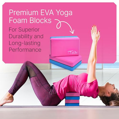 Yoga Blocks 2 Pack with Strap and Guide – Soft Non-Slip EVA Foam Blocks - color: Pink/Blue - Stretch Band Blue