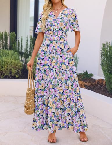 ZESICA Women's 2026 Summer Floral Boho A Line Maxi Dresses - color: Purple, size: Medium
