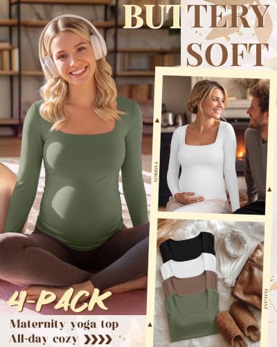 4 Pcs Womens Maternity Long Sleeve Square Neck Shirts - color: Army Green, Coffee, White, Black, size: Large