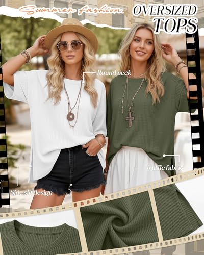 3 Pack Womens Oversized Waffle Knit Tops - color: Army Green, White, Khaki, size: Small
