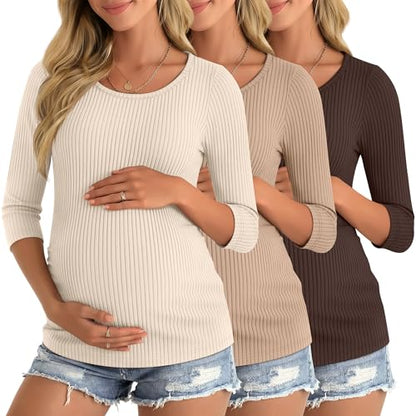 Neer 3 Pack Women's 3/4 Sleeve Crew Neck Maternity Tops - color: Apricot, Khaki, Brown, size: XX-Large