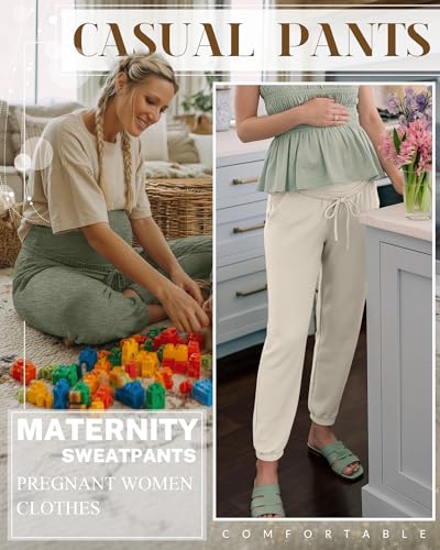 3 Pack Women's Maternity Jogger Pants with Pockets - color: Coffee, Apricot, Sage Green, size: Medium