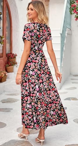 WNEEDU Women's Summer Maxi Dress Wrap Short Sleeve with Pockets - color: Black Red Flower, size: Large