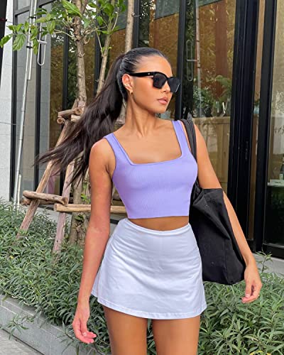 OLCHEE Womens 3 Pack Crop Tank Tops Sleeveless Square Neck Workout Top - color: Beige + Light Blue + Lavender, size: Large