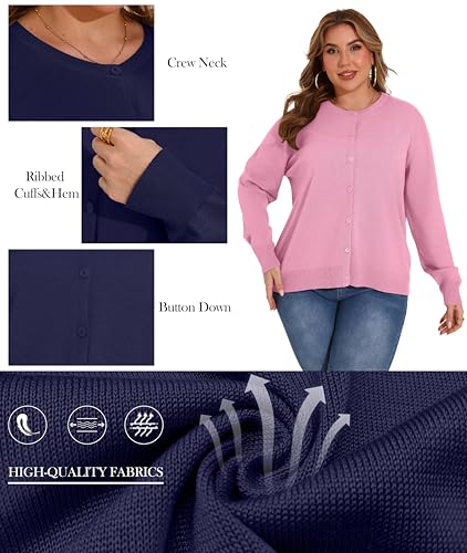 OLRIK Plus Size Long Sleeve Crewneck Cardigan Classic Fall Knit - color: Pink, size: 1X