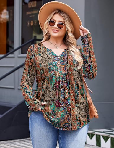 IN'VOLAND Womens Plus Size Long Sleeve Shirts Fall Tunic Top V Neck Shirt - color: Boho-mz721, size: 1X