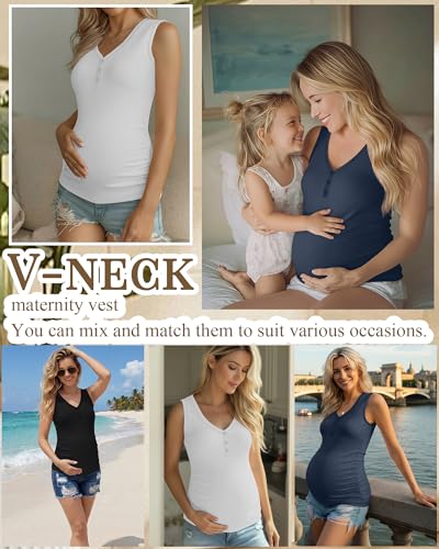 3 Pack Women Maternity Henley Tank Tops - color: Black, White, Haze Blue, size: Large