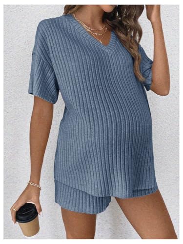 MakeMeChic Women's Maternity 2 Piece Sets Ribbed Shirt and Biker Shorts - color: Blue, size: Large