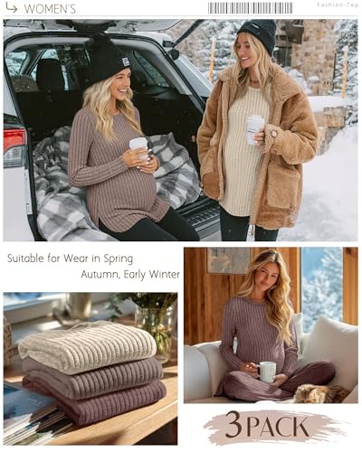 3 Pack Maternity Shirts Pregnancy Sweaters Tunic Tops - color: Apricot, Coffee, Brown, size: Medium