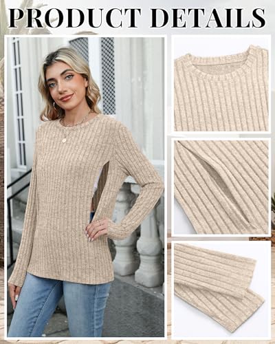 Womens Maternity Nursing Breastfeeding Ribbed Shirt - color: Apricot, size: Small