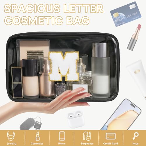 Initial Clear Makeup Bag, Birthday Gift Chenille Patch Cosmetic Bag - color: Black, size: M