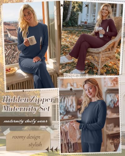 2 Pack Maternity Nursing Pajamas Set - color: Haze Blue, Wine Red, size: Small