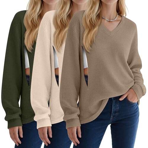 3 Pack Women's Waffle Knit Long Sleeve Nursing Tops - color: Coffee, Cream, Army Green, size: Medium