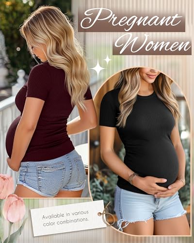 Ficerd 3 Pack Women's Short Sleeve Maternity Shirts - color: Black, Light Green, Dark Red, size: Small