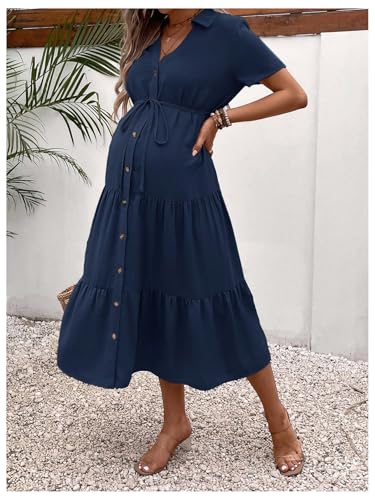 OYOANGLE Women's Maternity Button Belted Dress - color: Dark Blue, size: XX-Large