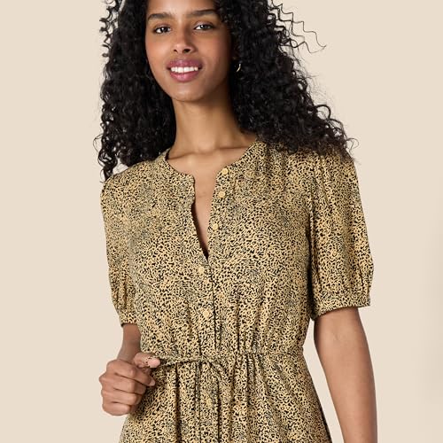 Amazon Essentials Women's Relaxed Fit Half-Sleeve Breathable Button Front Drawstring Waist Midi A-Line Dress with Pockets - color: Camel/Black - Mini Ikat Animal, size: Large