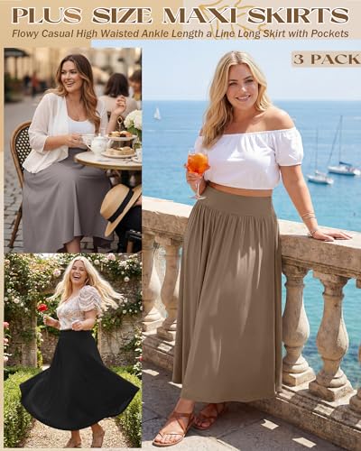 3 Pack Women's Plus Size Maxi Skirts - color: Black, Light Gray, Coffee, size: 3X-Large