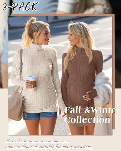 3 Pack Women's Maternity Turtleneck Tops - color: Coffee, Apricot, Black, size: X-Large