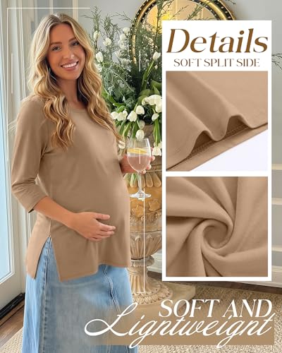 3 Pack Women's 3/4 Sleeve Maternity Loose Crewneck Tops - color: White, Khaki, Black, size: Large
