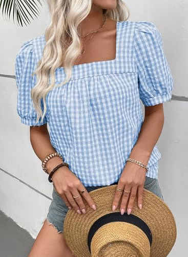 EVALESS Womens Gingham Top Short Sleeve Square Neck Shirts Cotton Blouse - color: A Blue, size: Small