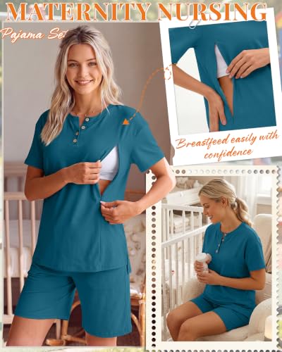 Maternity Nursing Pajama Set - color: Blue Green, size: Small