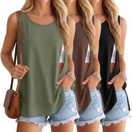 Huukeay 3 Pack Women's Oversized Nursing Tank Tops - color: Army Green, Brown, Black, size: Large