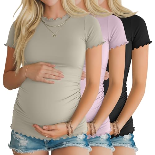 Xaatren 3 Pack Women's Maternity Short Sleeve Shirts - color: Cement Gray, Gray Purple, Black, size: Large