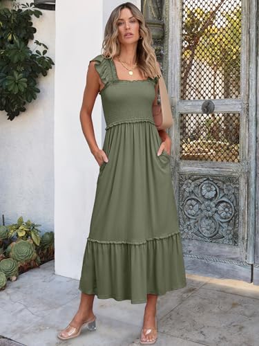 ANRABESS Womens Summer Sleeveless Maxi Dress Square Neck Smocked Boho Casual Ruffle Strap Flowy A-Line Long Beach Sundress - color: Olive, size: Medium